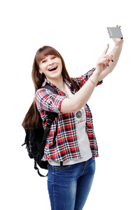 幸福微笑的女人，在智能手机上的自拍照合影