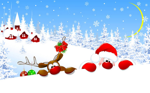 圣诞节晚上的圣诞老人和鹿。圣诞老人和一只鹿在一个被白雪覆盖的村庄的背景。在村子树木和雪的背景下, 一个冬夜的圣诞老人和一只有红