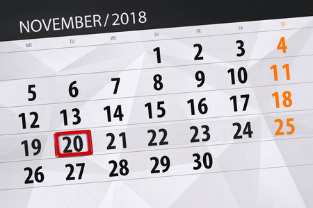 日历规划器月份, 截止日期 2018 11月, 20, 星期二