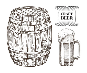 工艺啤酒玻璃和桶矢量插图图片