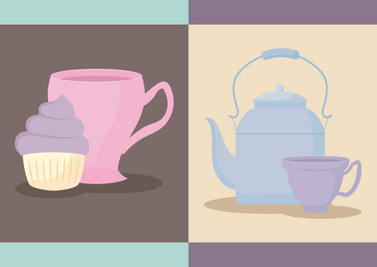 美味的纸杯蛋糕, 茶壶和杯子