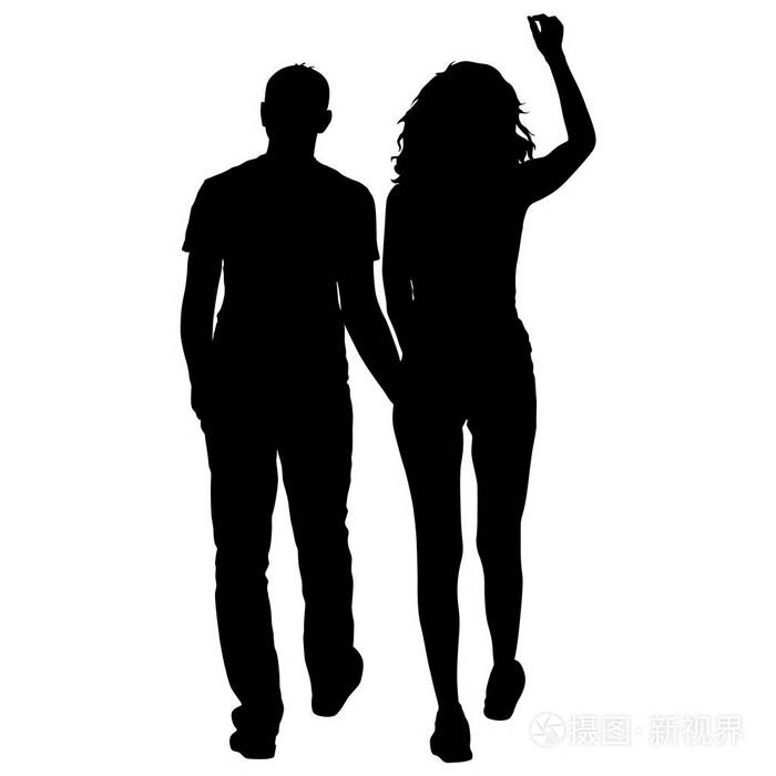 夫妇在白色背景上的男人和女人的剪影。矢量图
