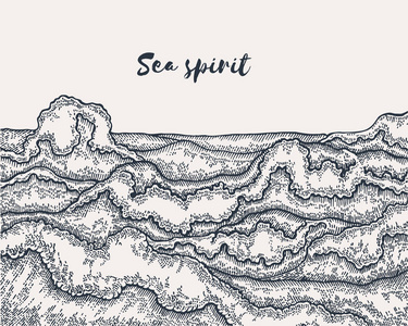 手绘海浪。海洋背景的线条艺术素描样式