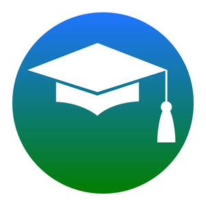 砂浆板或毕业帽，教育符号。矢量。在白色背景上的蓝色圆的白色图标。分离