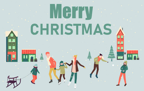 快乐的圣诞海报与快乐的人和冬季活动