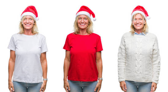 穿着圣诞帽的美丽中年金发碧眼的女人拼贴在白色孤立的背景上, 脸上带着快乐和清凉的笑容。幸运的人