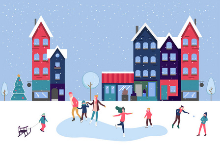 冬季, 圣诞节和新年海报与人们溜冰