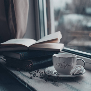 舒适的冬天静物 杯热咖啡和老式反对雪景观从外面的窗台上已打开的书