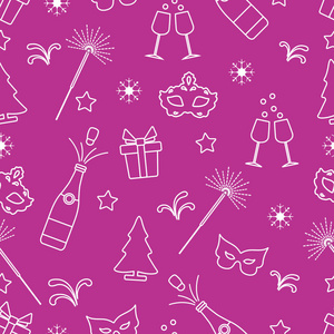 具有新年符号的无缝图案。礼品, 烟花, 瓶子和酒杯, 香槟, 圣诞树, 面具, 星星, 雪花