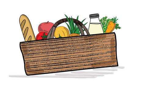 购物车充满健康有机新鲜和天然食品。矢量图