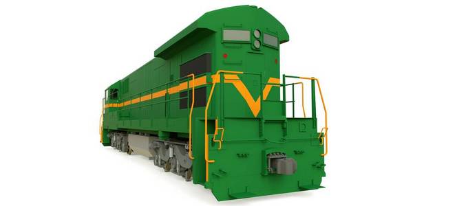 现代绿色内燃机车, 具有强大的动力和力量, 用于移动长重型铁路列车。3d 渲染