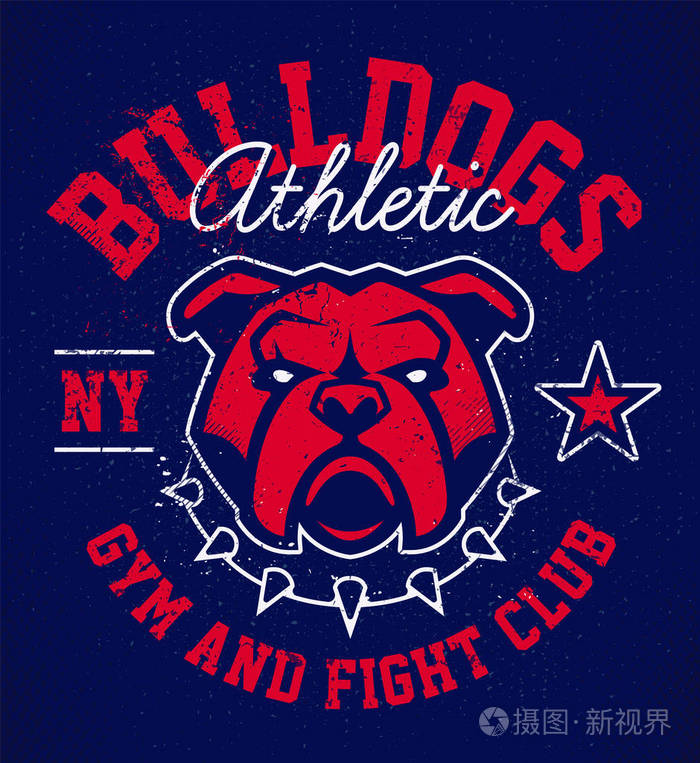 红色斗牛犬在尖刺的衣领深蓝色的背景.运动队的矢量标志设计
