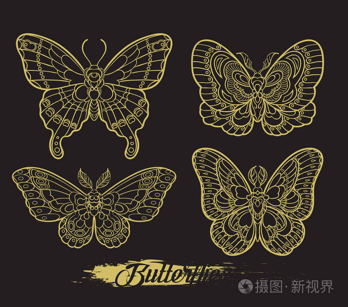 在黑色背景上的风格的金色蝴蝶.向量飞蛾例证线艺术样式.
