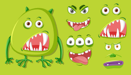 绿色怪物与不同的面部表情例证