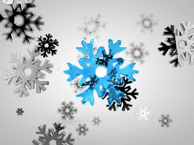 降雪的图像, 阵列银币雪花和一个蓝色, 从冰的中心, 与深度条纹。美丽的例证在白色被隔绝的背景。3d 渲染