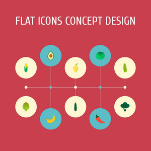 一套水果图标平面风格的符号与鳄梨, 玉米, 洋芋和其他图标为您的网络移动应用程序标志设计