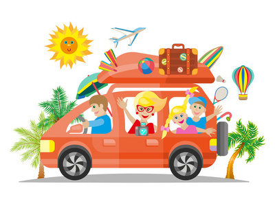 愉快的家庭乘红色汽车旅行。向量平