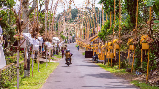 巴厘岛 Penjors 装饰竹杆沿着村子的大街在伴奏，印度尼西亚
