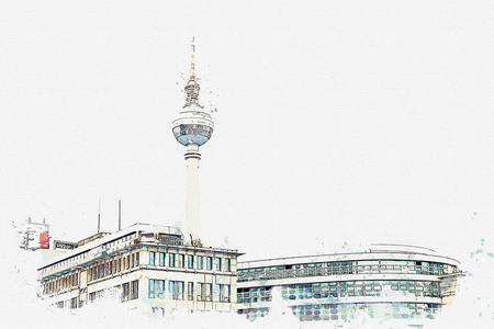 水彩素描或插图。柏林建筑。广场上的电视塔名叫亚历山大广场