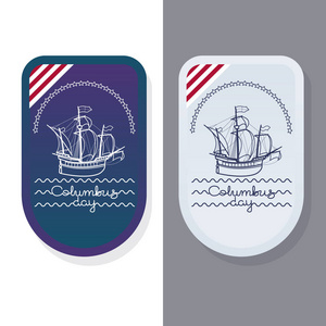 哥伦布日会徽。向量例证与帆船在蓝色背景。克里斯托弗哥伦布假日海报, 贴纸