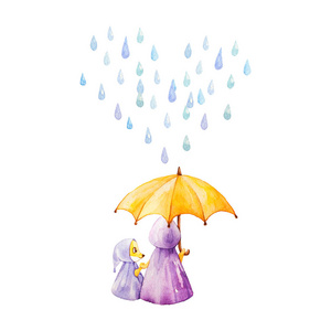水彩插图。在多雨的天气，在伞下的狐狸