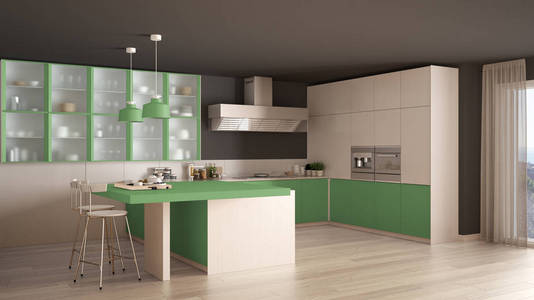 经典的最小白色和绿色厨房，镶木地板，模式