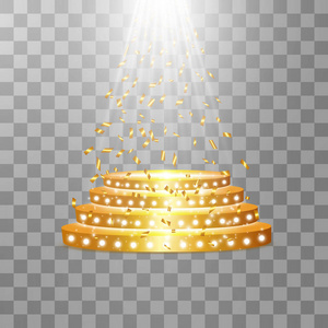 金色的领奖台, 聚光灯在透明的背景上, 带着五彩纸屑, 第一名, 名气和人气。向量例证。用于展览的空圆形货架黄金