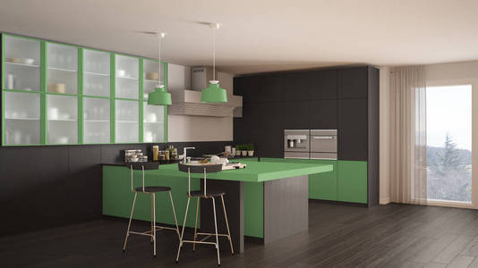 经典的最小灰色和绿色厨房，镶木地板，现代