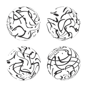 抽象向量3d 形状或球体例证与涂鸦。用于商业设计的带有细线油墨条的黑白圆圈标识