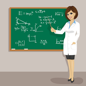 年轻漂亮的白种人数学老师站在黑板旁边照片