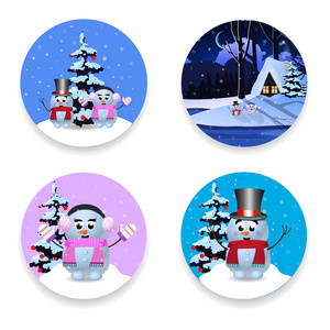 圣诞节, 新年圆的标志设置可爱的卡通人物雪人, 冬天的房子和雪隔离在白色的背景。矢量插图图标贴纸剪贴画按钮设计元素