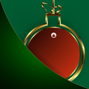绿色构图, 有一个角落, 一个口袋和一个抽象的金色圣诞球