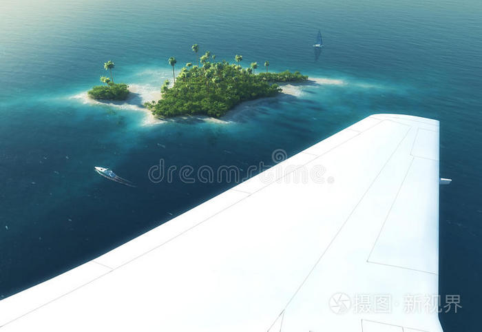 在天堂热带岛屿上空飞行的飞机的机翼
