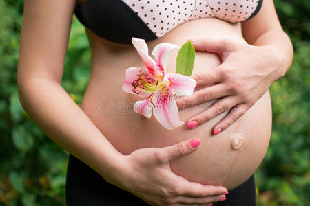 孕妇在胃部附近拿着一朵花