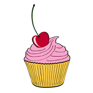 甜纸杯蛋糕甜点与樱桃在白色在动画片样式, 股票向量例证