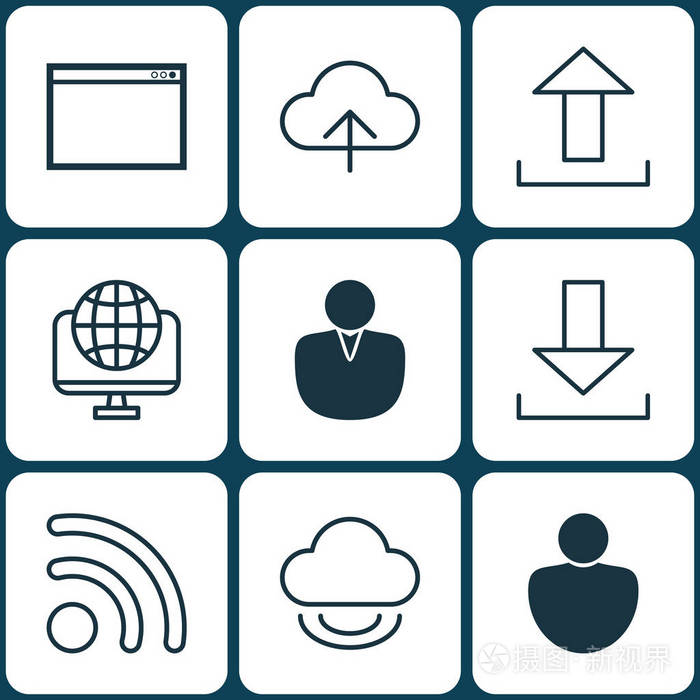 9 web 图标集.包括计算机网络,虚拟存储,数据同步和其他符号.