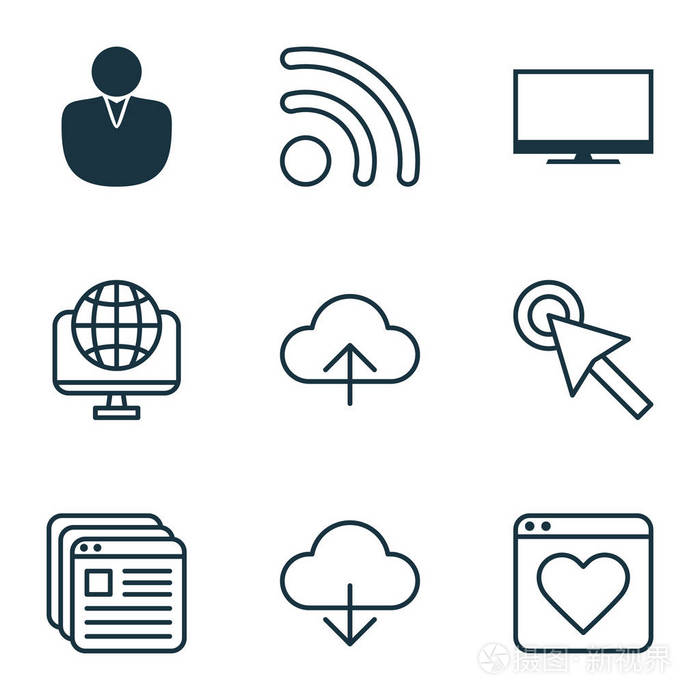 插画 9 互联网图标集.包括计算机网络, 网站书签数据同步和其他符号.