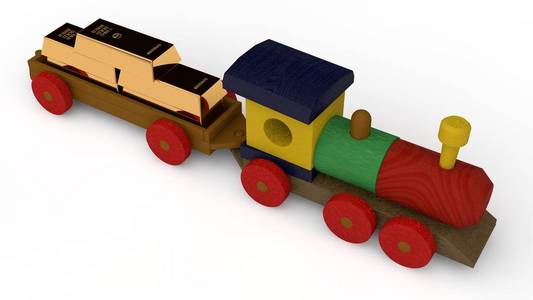 3d 一个木制的多色火车, 玩具的插图。火车, 火车, 幸运的在金条的汽车。孤立的形象在白色背景, 想法预算, 基金, 黄金储备