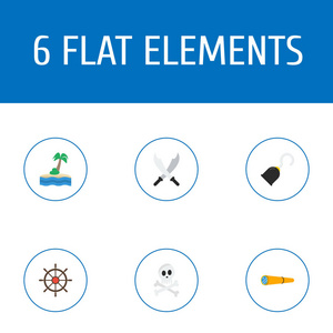 一套海盗图标平面样式符号与骨架, 岛屿, 控制掌舵图标为您的网络移动应用程序徽标设计