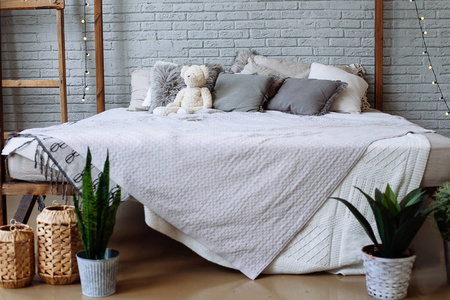 现代卧室内部与植物, 枕头和泰迪熊在床上