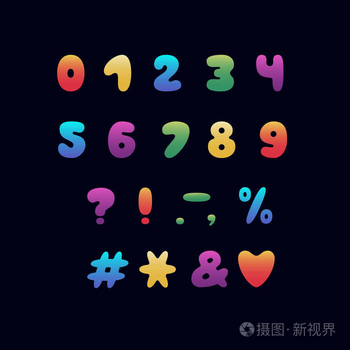 字母卡通设计.彩虹风格.数字和标点符号.字体矢量排版.epps 10