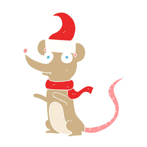 鼠标佩戴圣诞帽子的平板彩色插图
