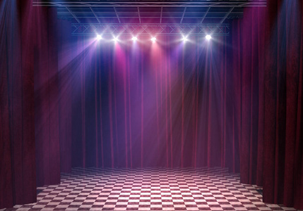 空荡荡的点燃的舞台内政白色背景上的红色舞台窗帘, 空格3d 渲染一个