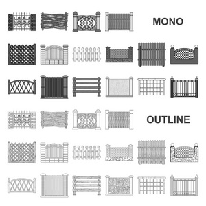 不同的围栏单色图标集集合为设计。装饰击剑矢量符号股票网页插图
