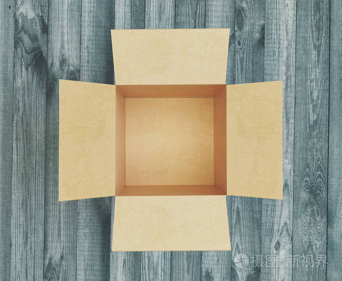 打开木桌上的空盒子, 3d 渲染插图