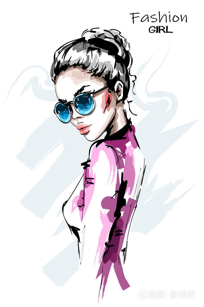 手绘在太阳镜美丽的年轻女子.时尚优雅的金发女孩.时尚女性肖像.素描