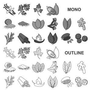 香草和香料单色图标集合设计。不同种类的调味料矢量符号股票网页插图