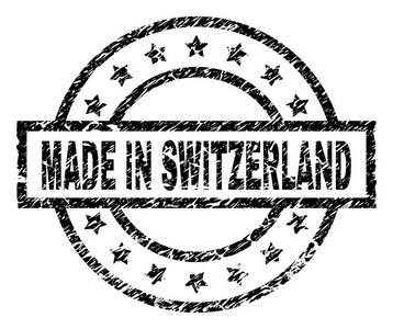 瑞士制造的邮票印章水印与遇险风格。设计与矩形, 圆和星星。黑色矢量橡胶印花瑞士文字与粗野纹理
