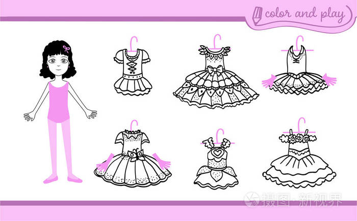 装扮在卡通风格的纸娃娃与芭蕾图图.颜色, 剪裁和发挥.