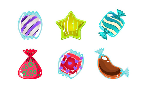 五颜六色的有光泽的糖果不同的形状, 用户界面资产的移动应用程序或